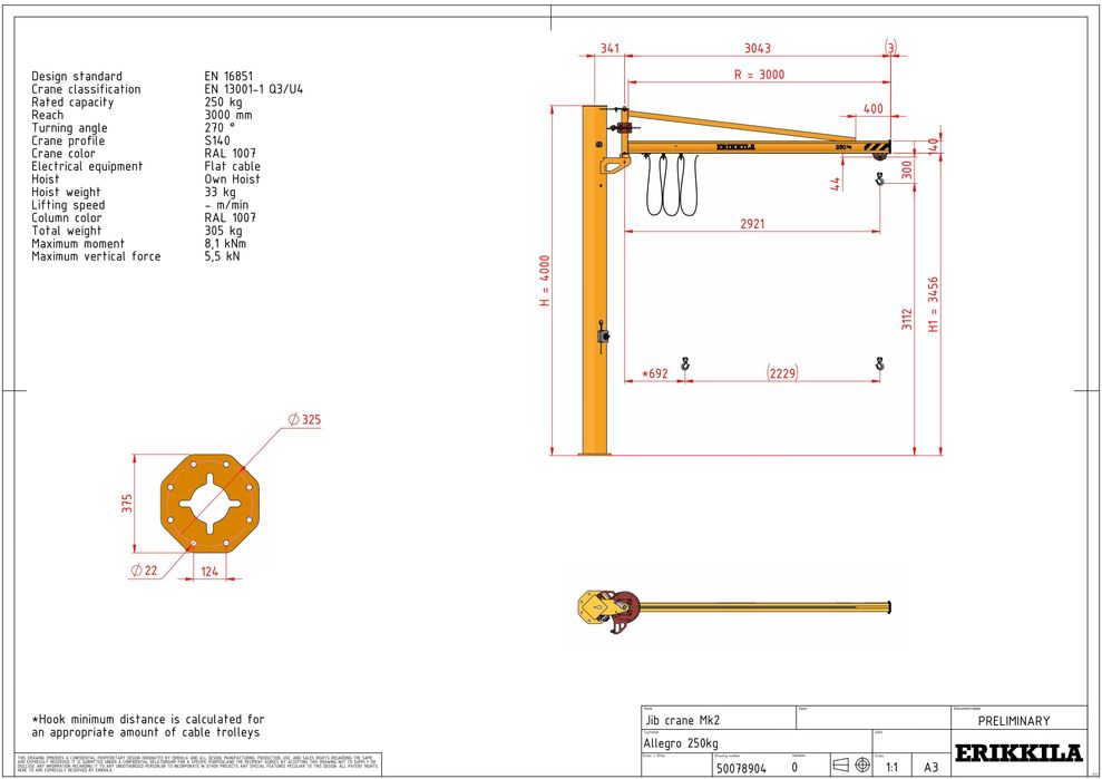 Żuraw słupowy obrotowy 250 kg, mocna konstrukcja, fiński producent