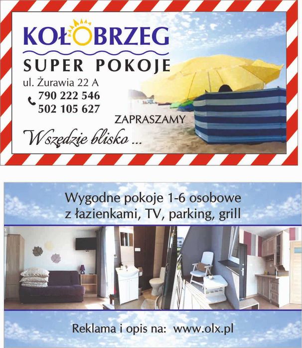 NOCLEGI Kołobrzeg SUPER POKOJE z Łazienkami, Kwatery, wszędzie blisko