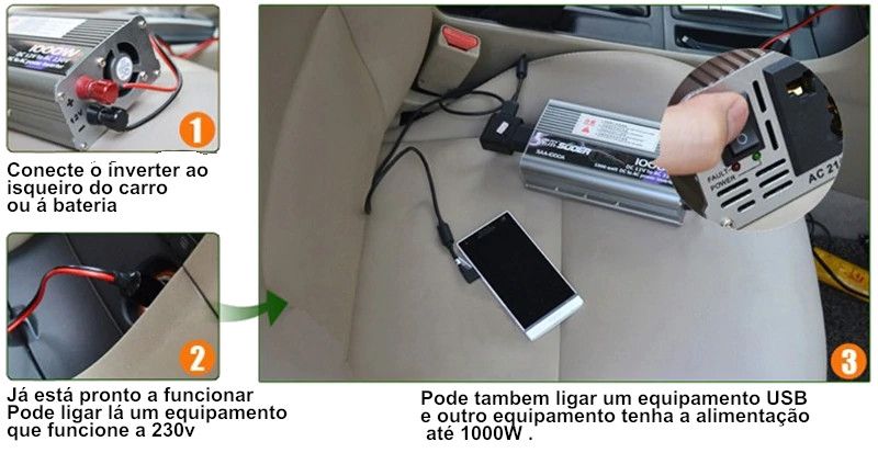 Inversor de corrente para carro bateria inverter 12v - 220v 230v 1000W