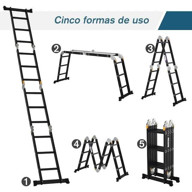 Escada multiuso dobrável 5 em 1 com 2 placas de alumínio