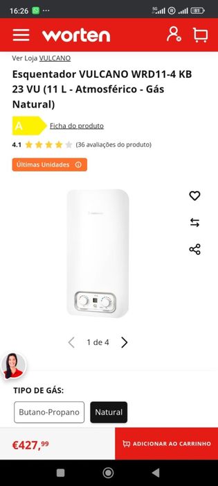 Esquentador VULCANO 11L - Gás Natural
Comprado do dia 25/10/2025
 E