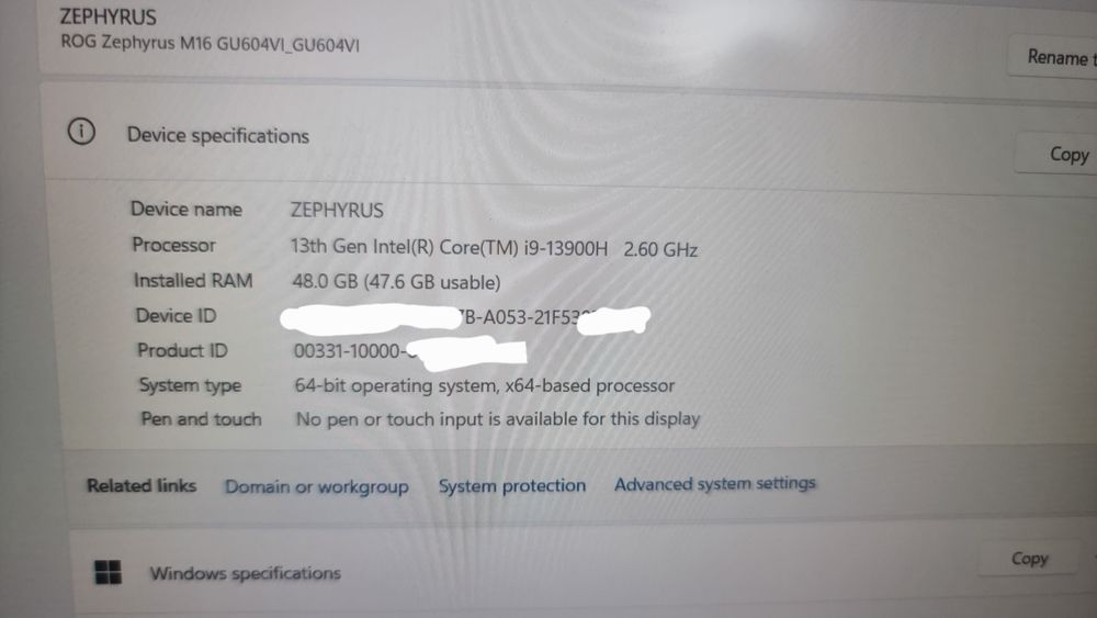Asus Zephyrus M16 Intel i9 13th, Nvme 2TB, 48GB Memory, RTX 4070