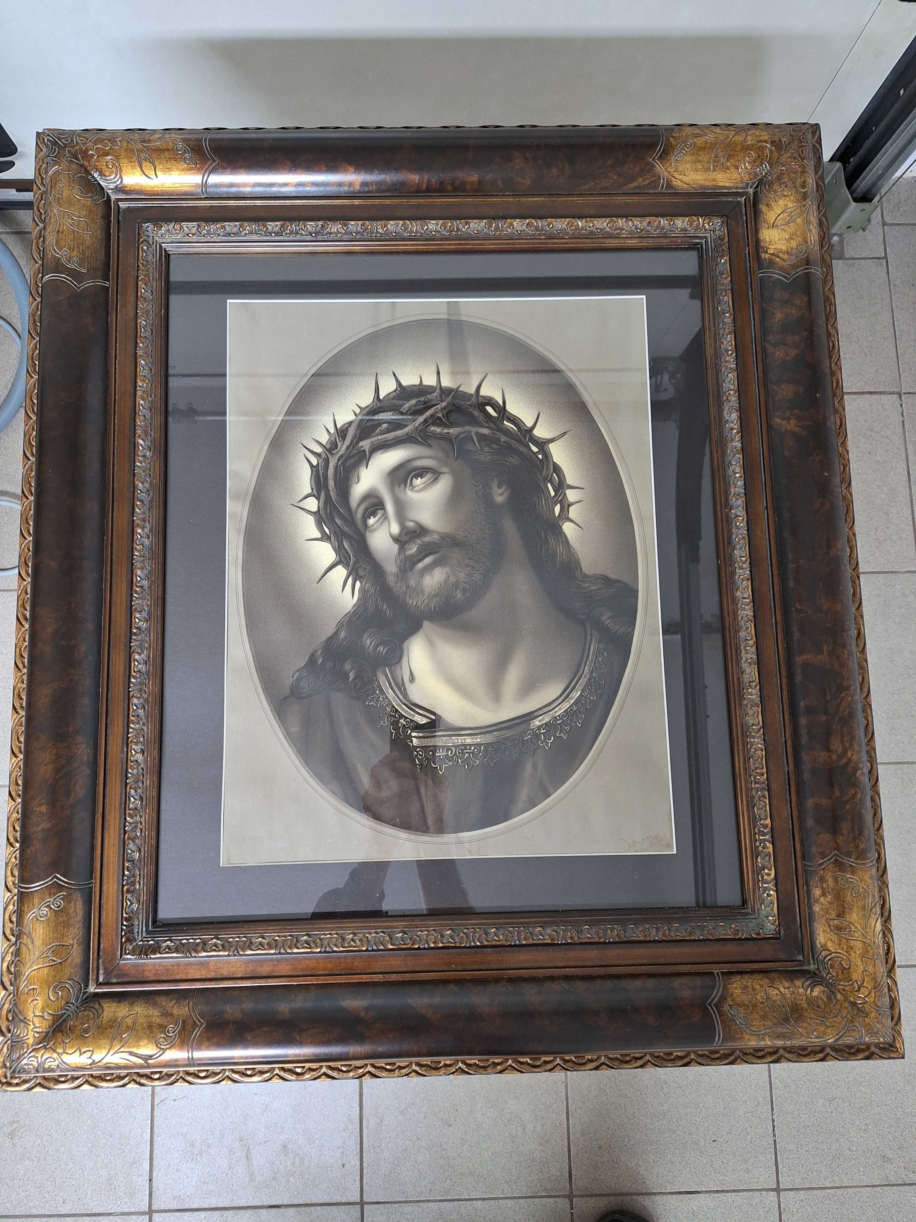 Obrazy 2 sztuki w nowych ramach oleodruk Matka Boska i Jezus 74 ×84 cm