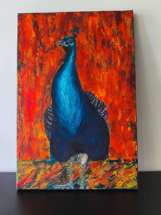 Obraz Olej Paw Czerwień 40x60 Impasto Abstrakcja Pióra Faktura