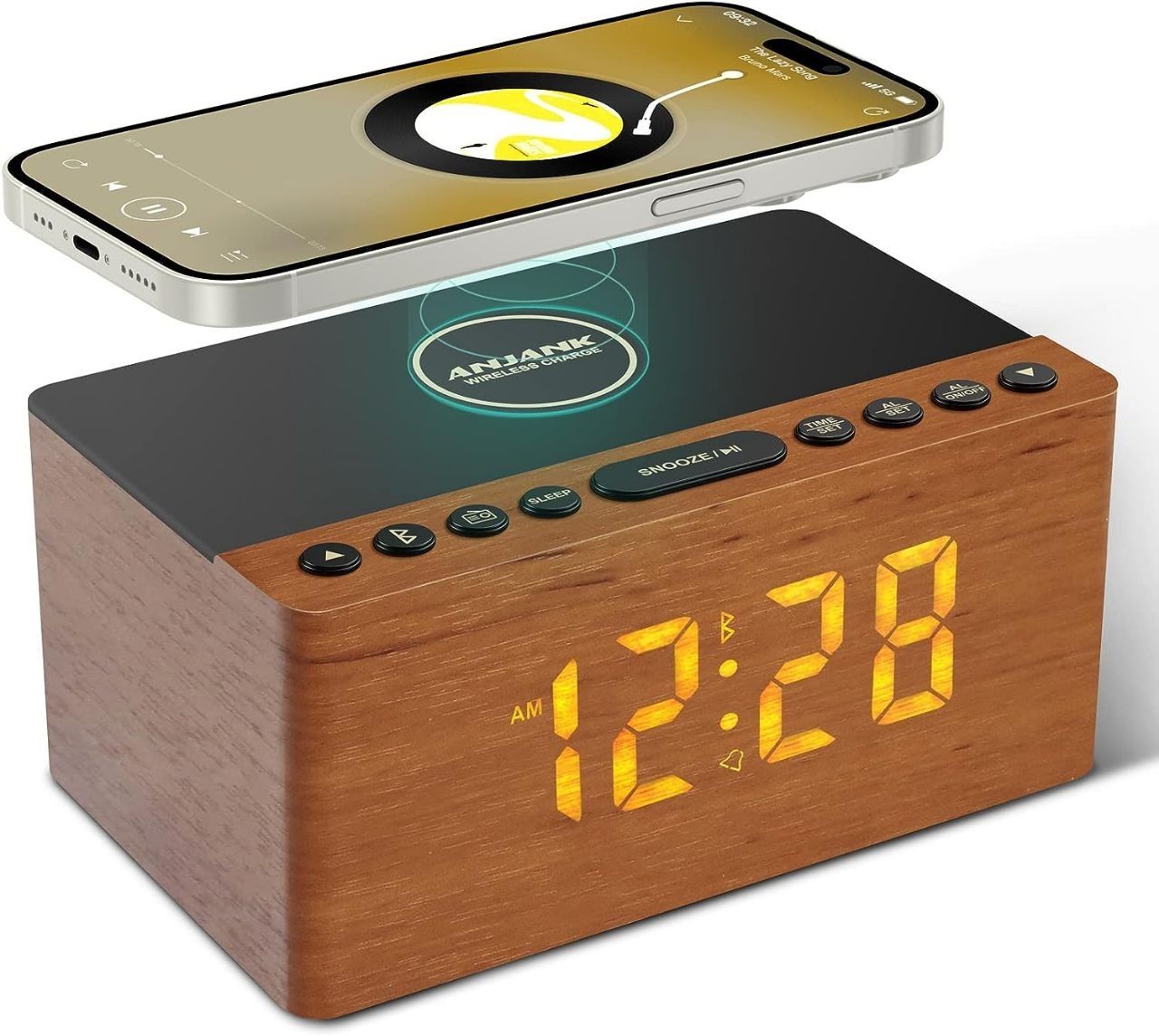 ANJANK Дерев'яний цифровий будильник FM-радіо, швидка бездротова заряд