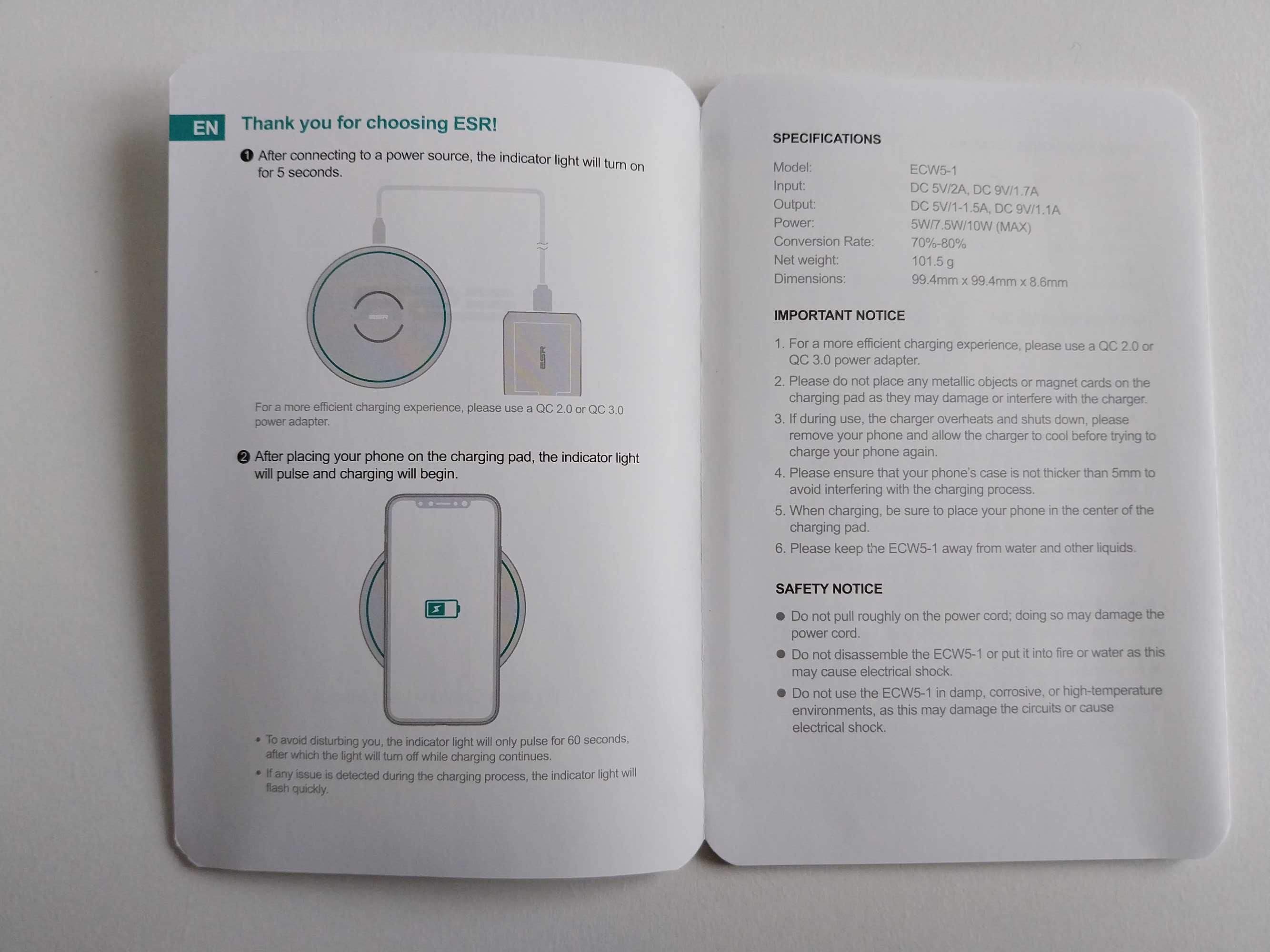 ładowarka bezprzewodowa indukcyjna ESR ECW5-1 port USB-C