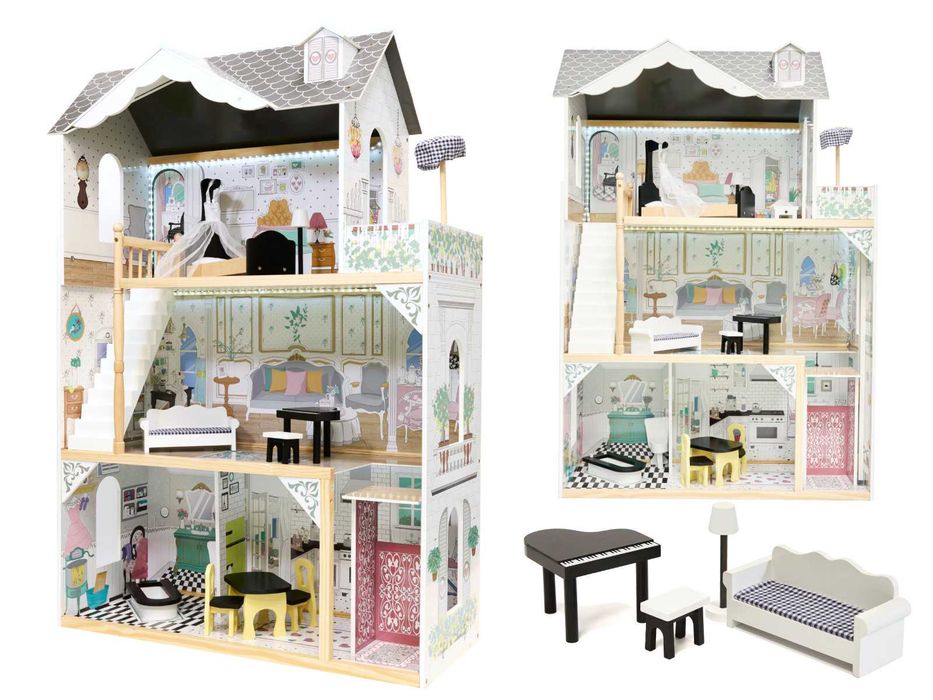 Wielki drewniany Domek dla lalek + 2 Lalki mebelki 122cm Oświetlenie