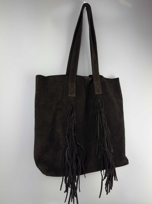 WŁOSKA Zamszowa Torebka shopper worek skórzana 100% + kosmetyczka
