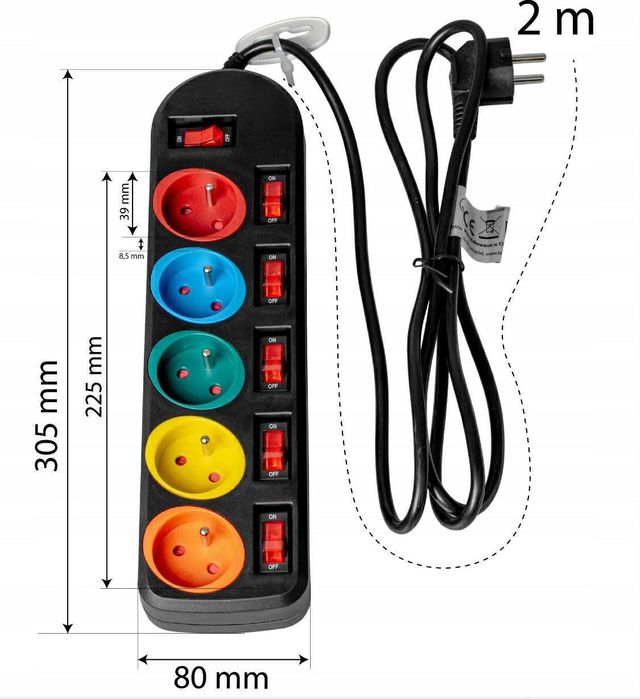 Przedłużacz elektryczny 5 gniazd z uziemieniem 2m kolorowe LED