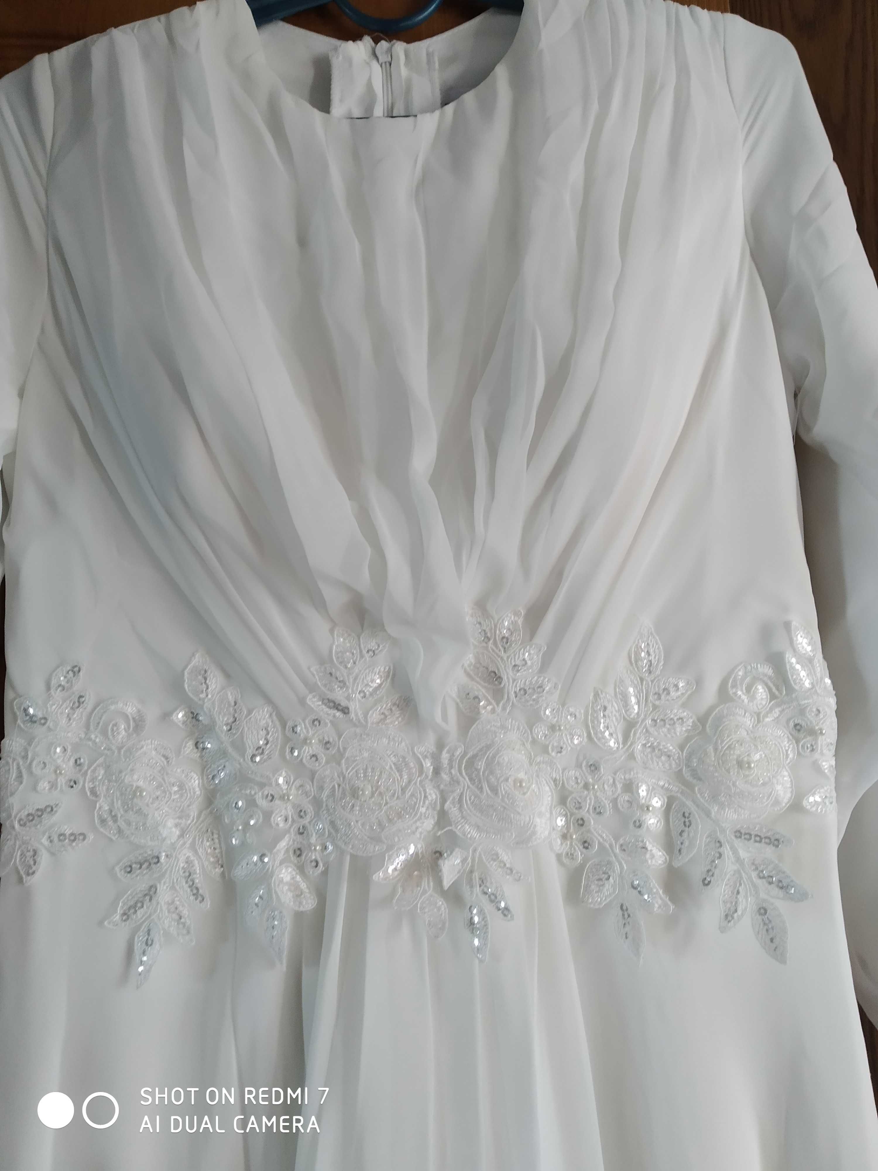 Платье свадебное белое двойной шифон длинное с вышивкой шелком