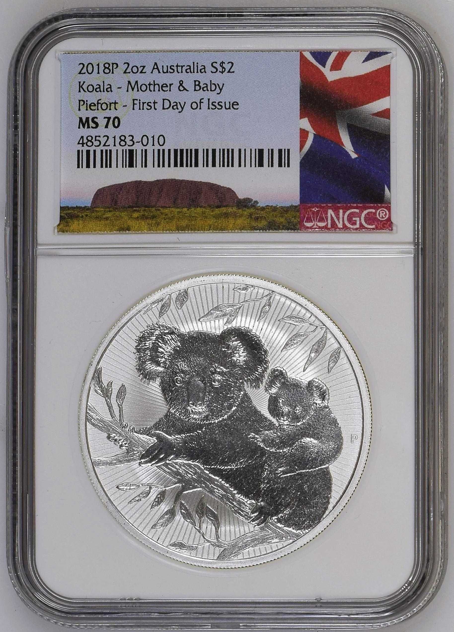 Moeda Prata 2018 Australia Koala NGC MS70 2 oz