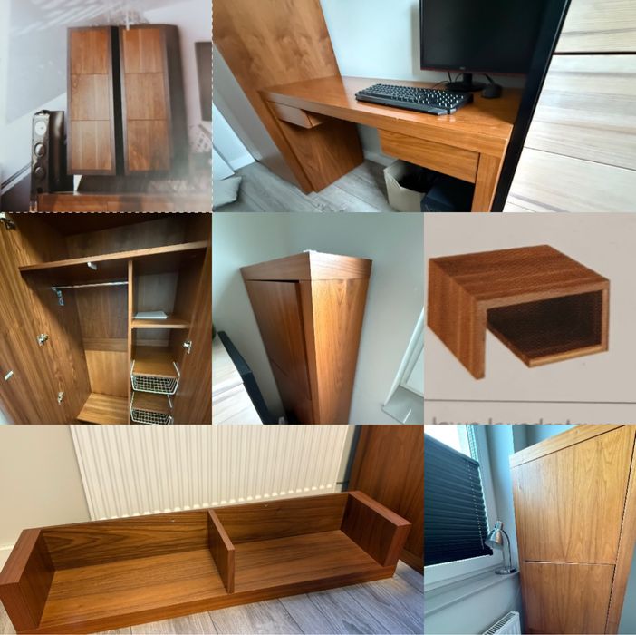 Zestaw mebli biurko, szafa, szafki wiszące, półka i stolik, orzech