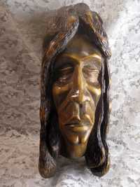 Stara rzeźba drewniana Głowa mężczyzny z kołtunami lakierowana sygnowa