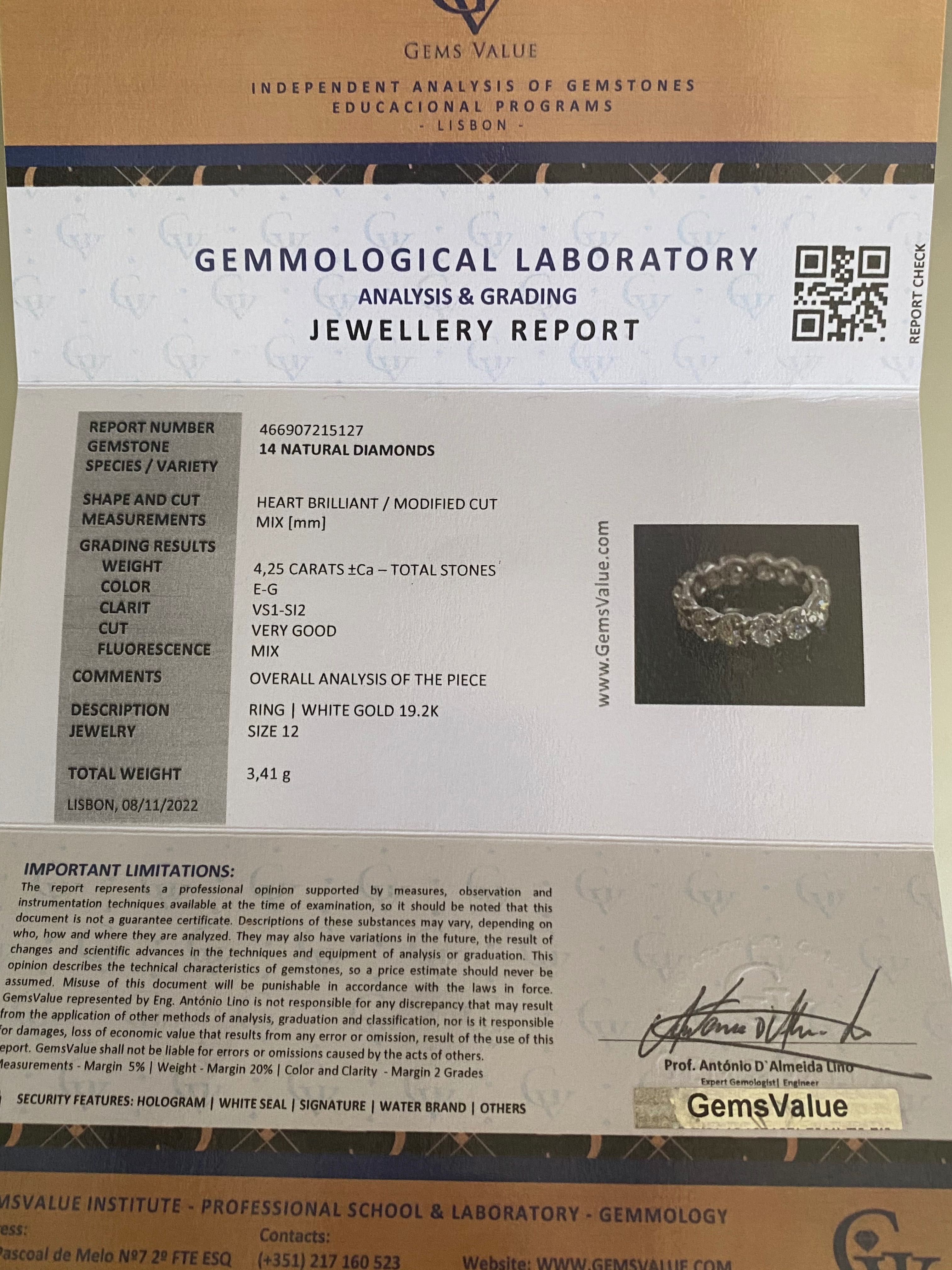 Anel de diamantes talha coração, ouro 19.2 k com certificado
