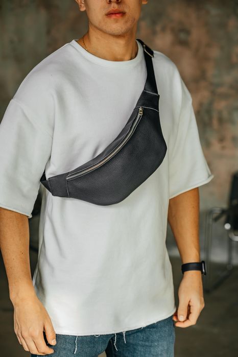 Мужская кожаная бананка, сумка через плечо, поясная сумка черная