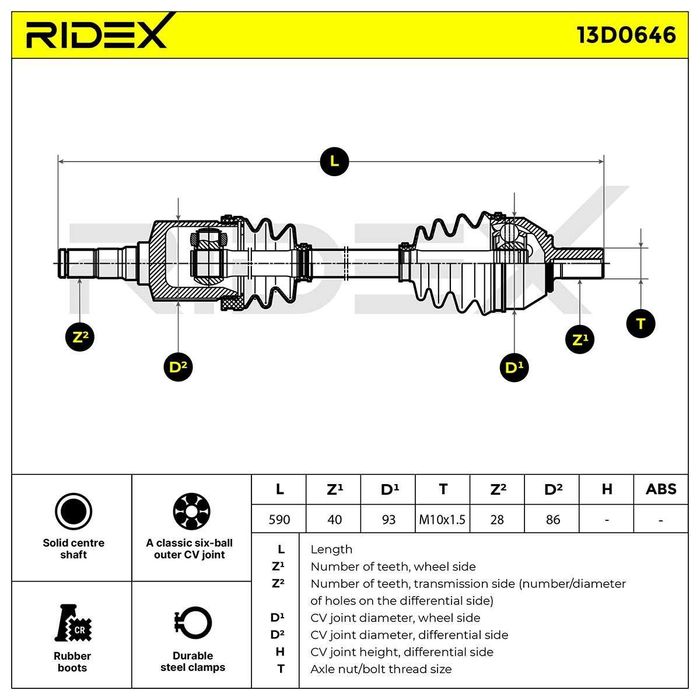 RIDEX 13D0646 Veio de transmissão A1, Eixo dianteiro Ford ou Volvo