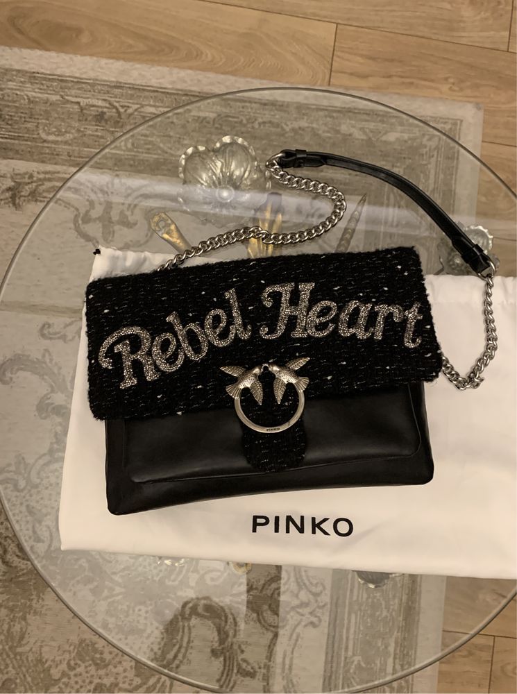 Pinko torebka Big Love Rebel Heart tweed skórzana z łańcuchem