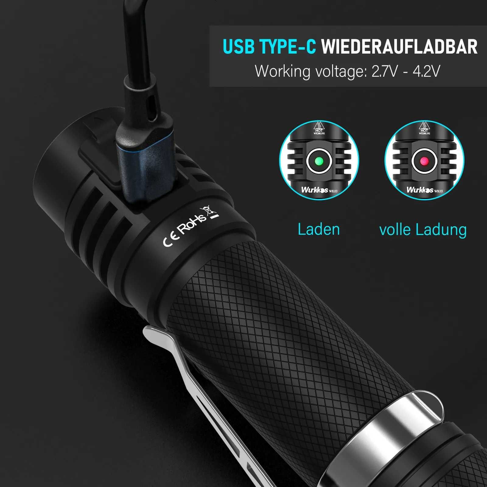 Lataka Wurkkos WK03 1800lm SST40 USB-C, Akumulator 18650