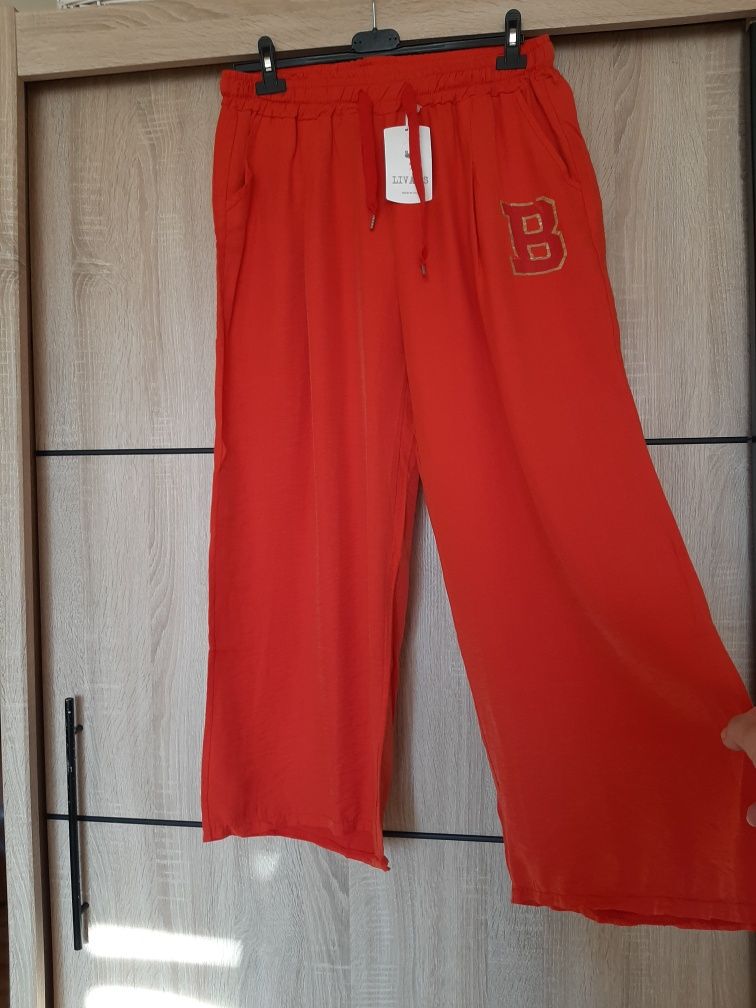 Spodnie kuloty szeroka nogawka napis czerwone plus size 46 44  wiskoza