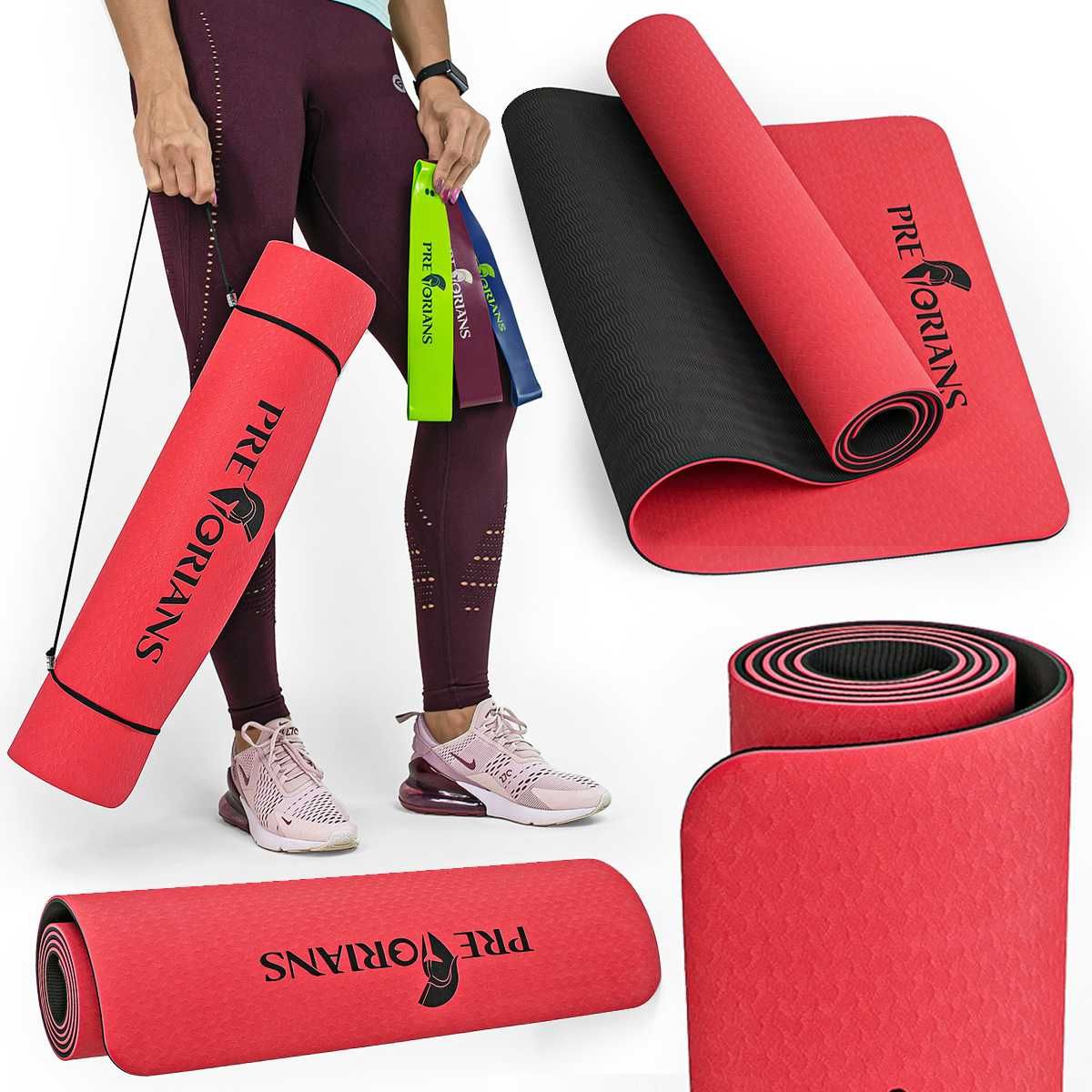 Mata do ćwiczeń fitness yogi 6mm TPE Pretorians czarno-czerwona