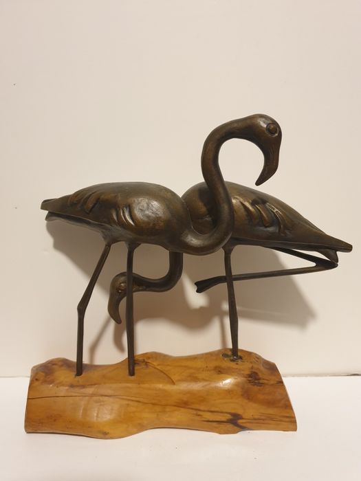 Antiga escultura em bronze - flamingos - Charles Reussner
