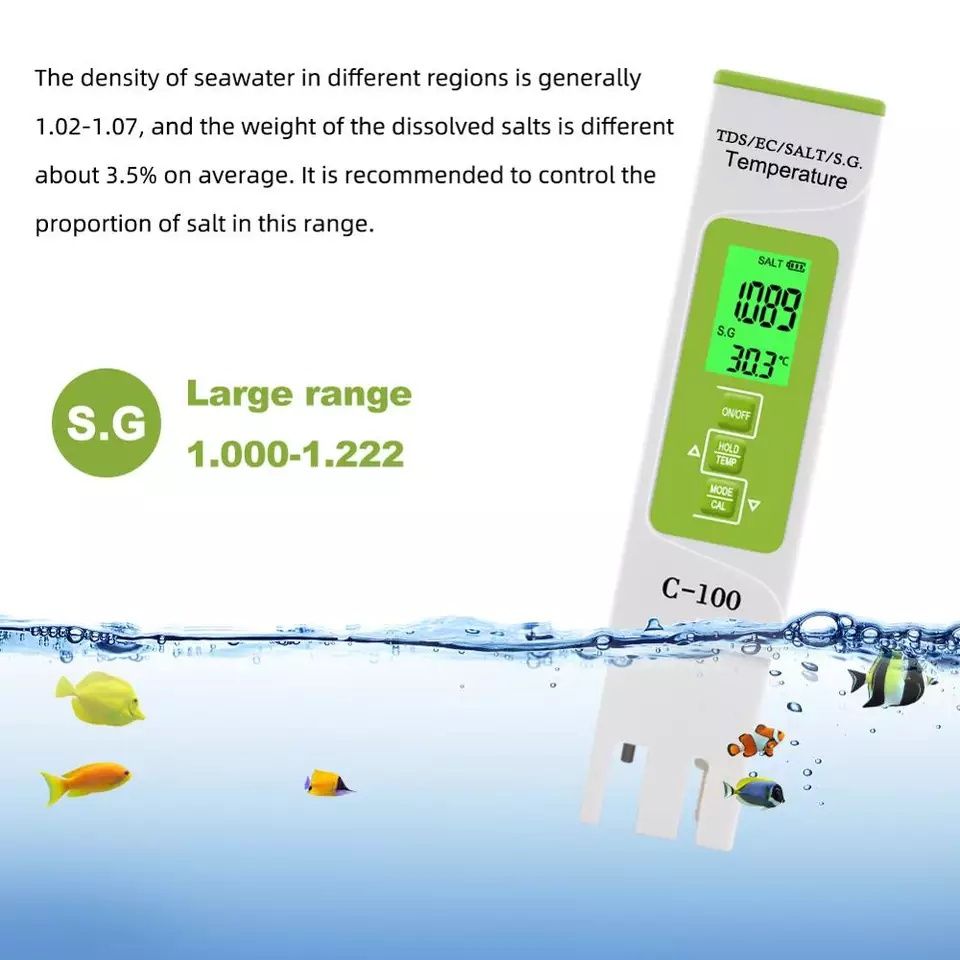 Medidor água piscinas aquários sal 5 em 1 tds/ec/sal/s. g./