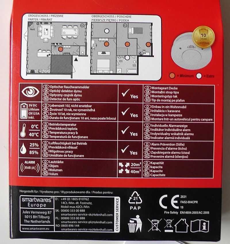 Czujnik dymu 10 letni SmartWares z baterią + płytka magnetyczna