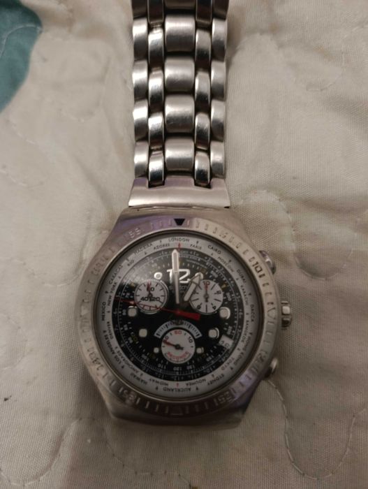swatch irony chronograph worldtimer raro - aço inox - perfeito estado
