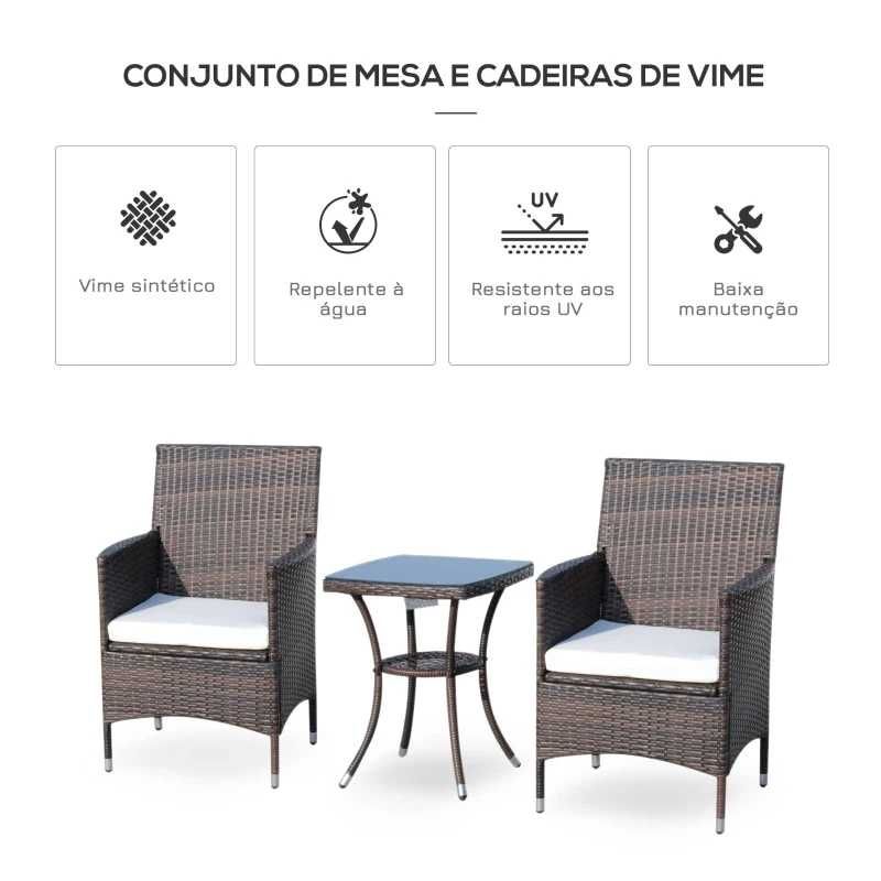 Conjunto de 1 Mesa e 2 Cadeiras Rattan para Jardim - Castanho