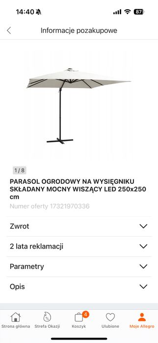 Parasol ogrodowy na wysięgniku 250x250 NOWY