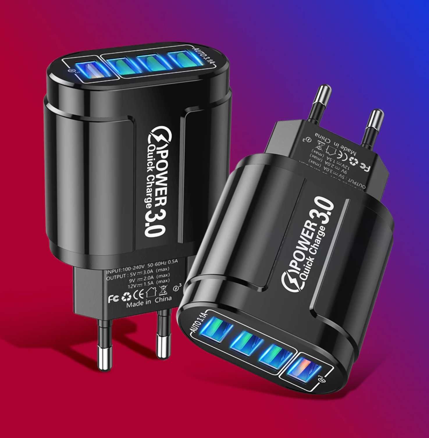 Отличная Быстрая зарядка для телефона 4 Порта USB Q.C.3.0 48W Зарядное