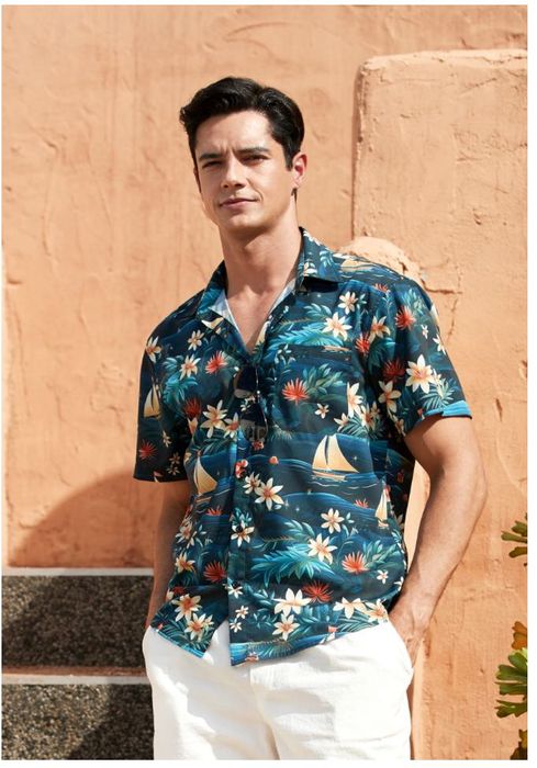 Męska koszula hawajska z krótkim rękawem,wzór żaglówki, rozm.S HISDERN