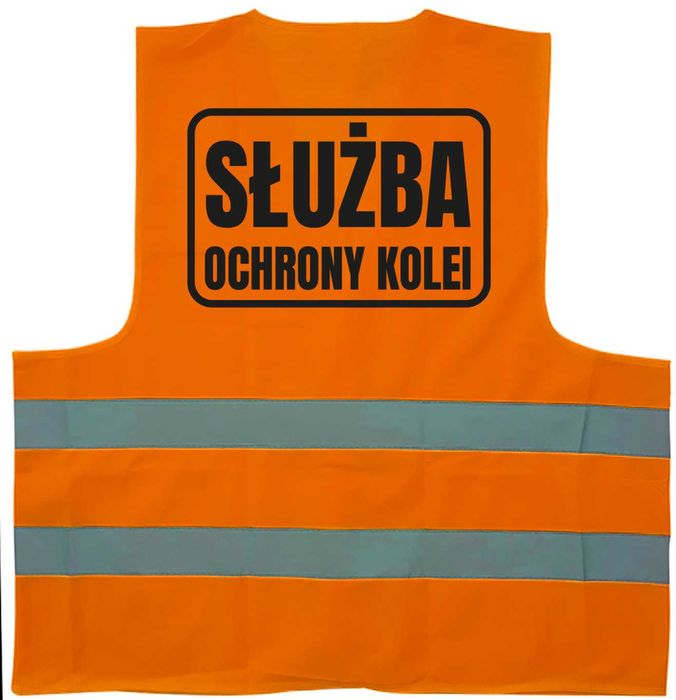 pomarańczowa kamizelka odblaskowa z nadrukiem służba ochrony kolei