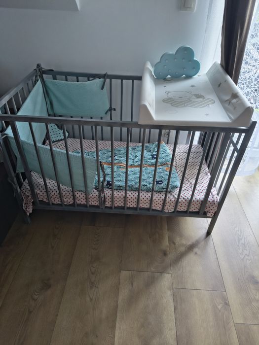 Łóżeczko dziecięce drewniane + przewijak + śpiworek handmade