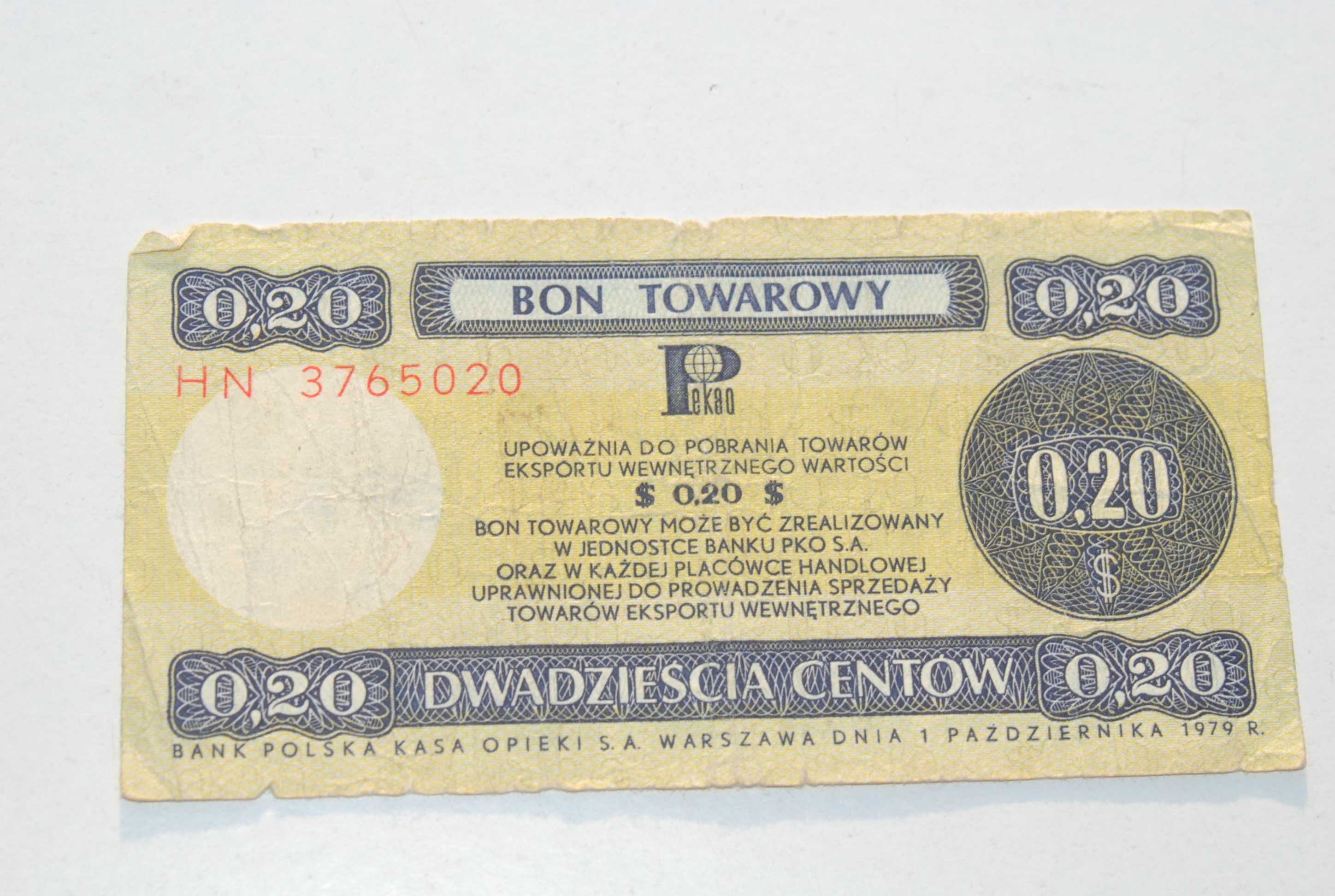 Stary Bon Towarowy Pko 0,20 Dolar Pewex 1979 antyk