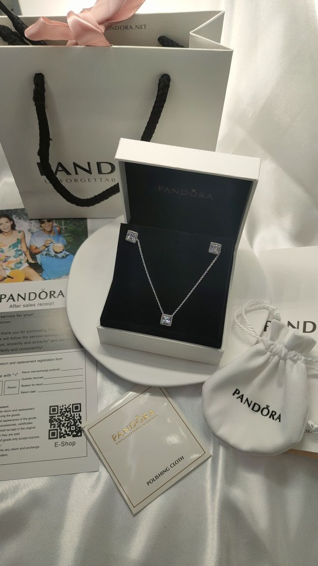 Срібний комплект Pandora (підвіска+ сережки) набір пандора