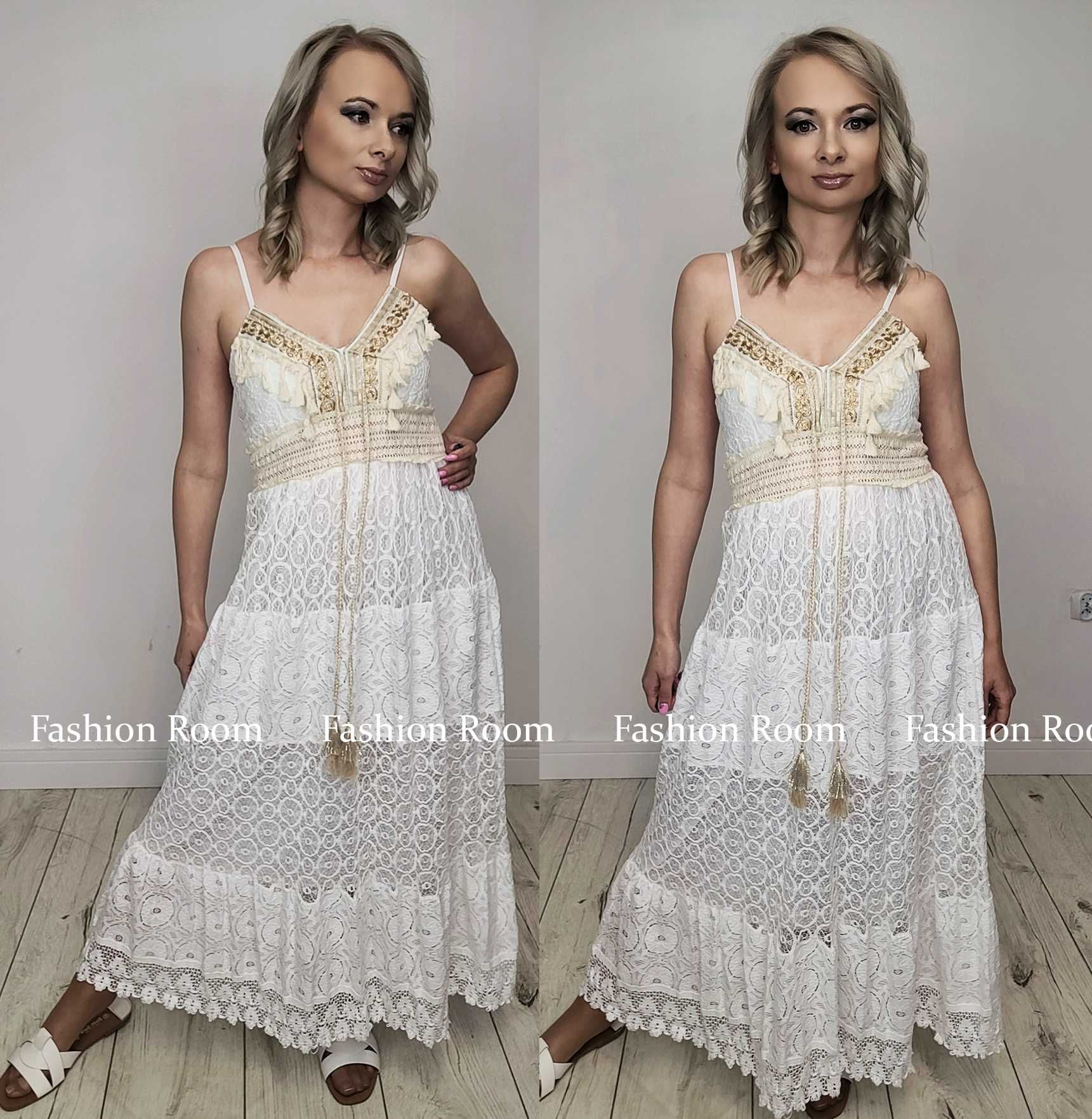 Sukienka BOHO koronka haft wesele chrzciny komunia MAXI na ramiaczkach
