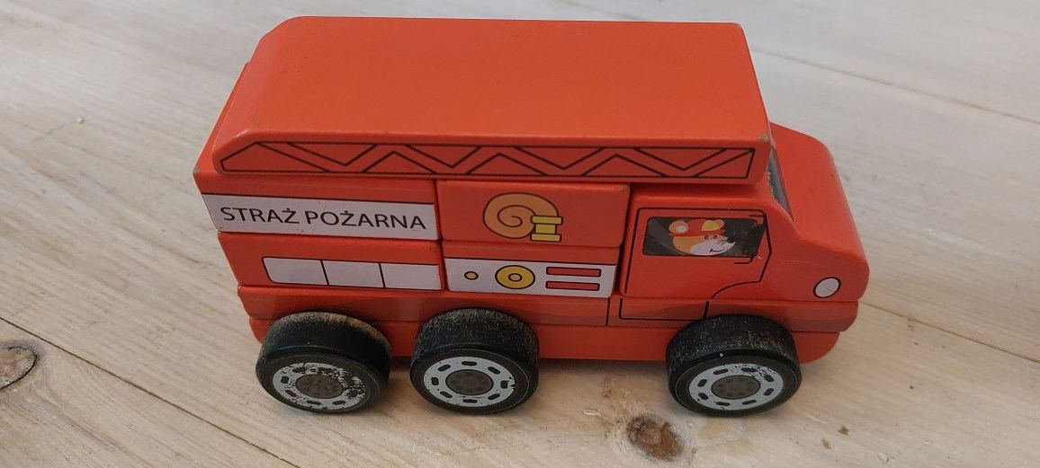 Samochody drewniana układanka ELEFUN policja straż pożarna śmieciarka