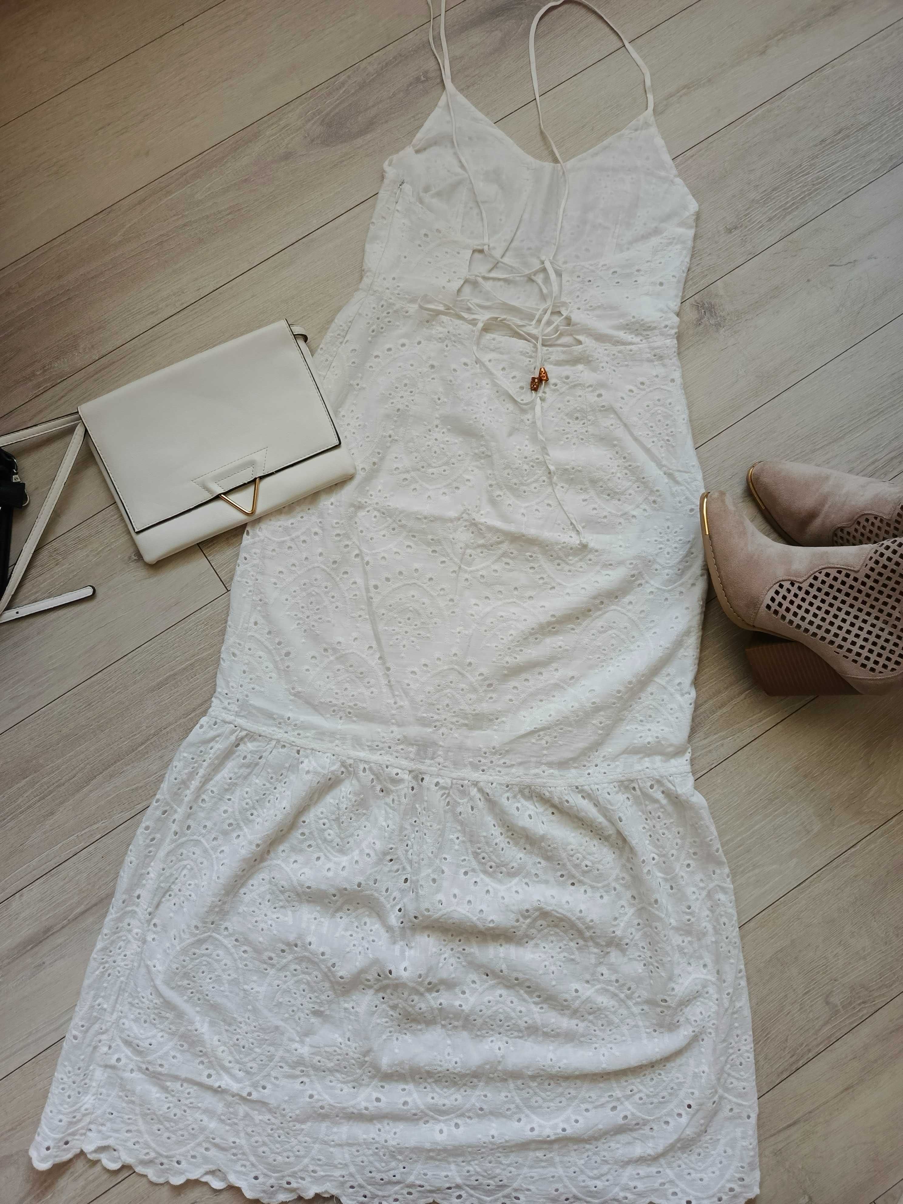 Sukienka ażurowa midi  na ramiączkach biała Boho S M wiązanie