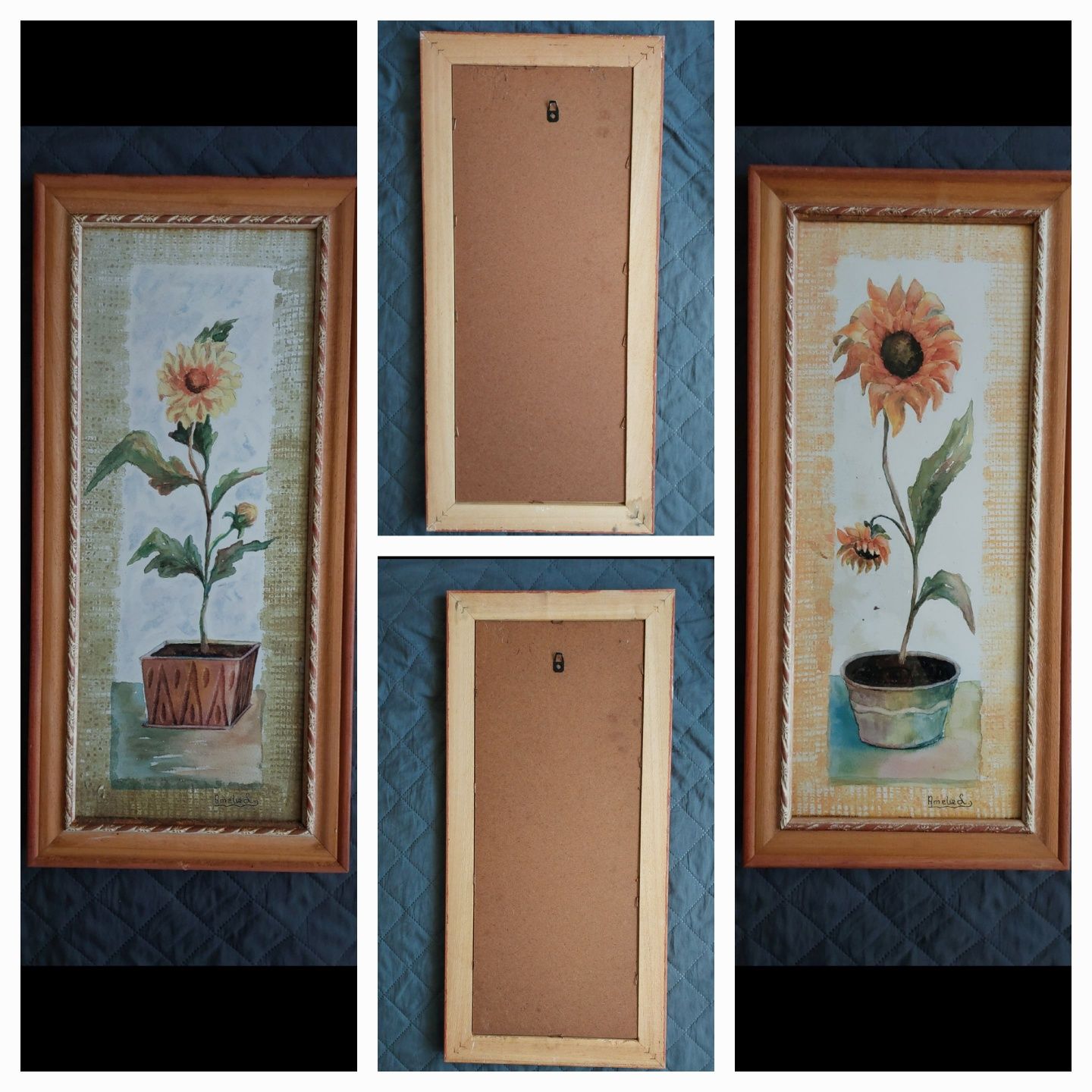 2 quadros com moldura trabalhada tema girassóis 1990