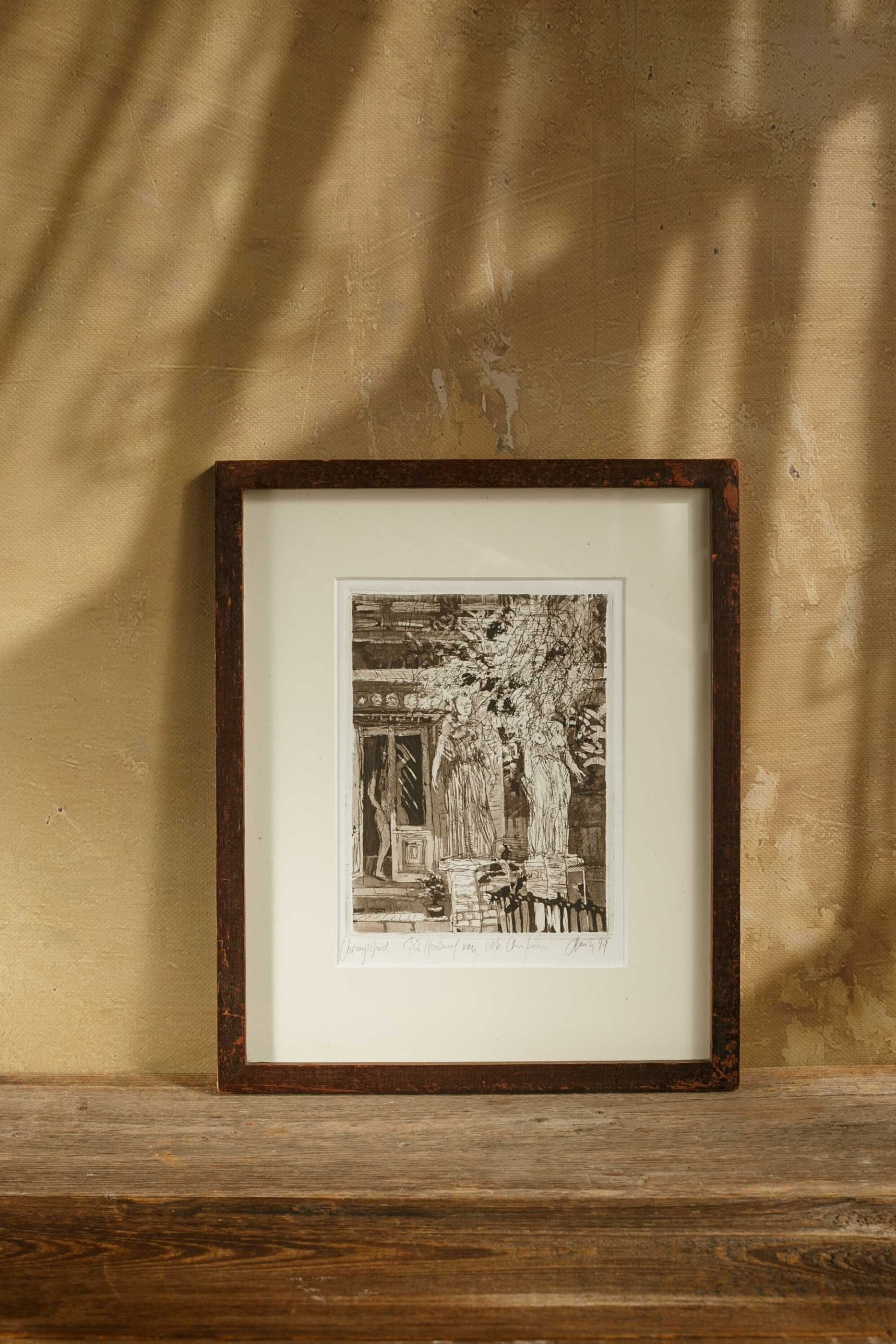 sygnowana grafika akwaforta w drewnianej ramie vintage