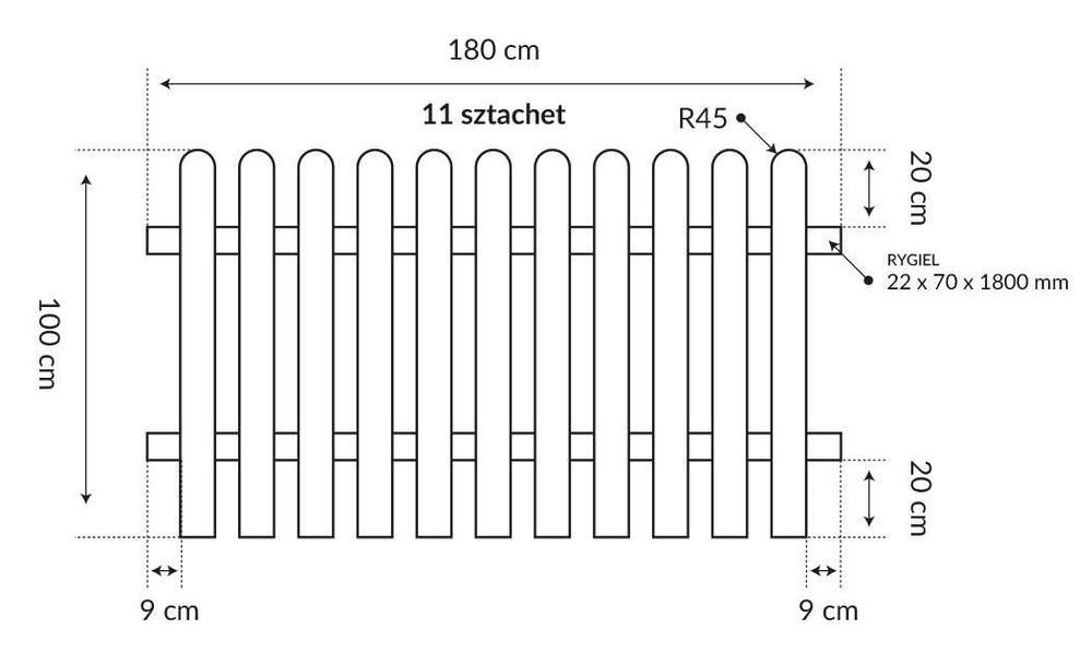 Płot sztachetowy 180x100cm grubość 44mm drewniany impregnowany Premium