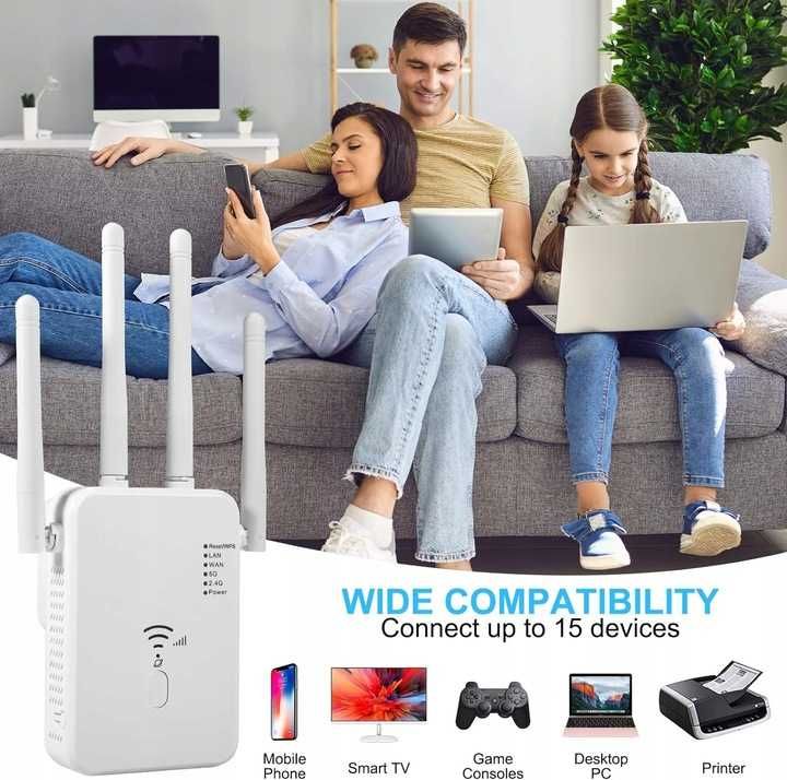 Dwupasmowy wzmacniacz WiFi 300–1200 Mb/s, 4 anteny, 2 porty LAN