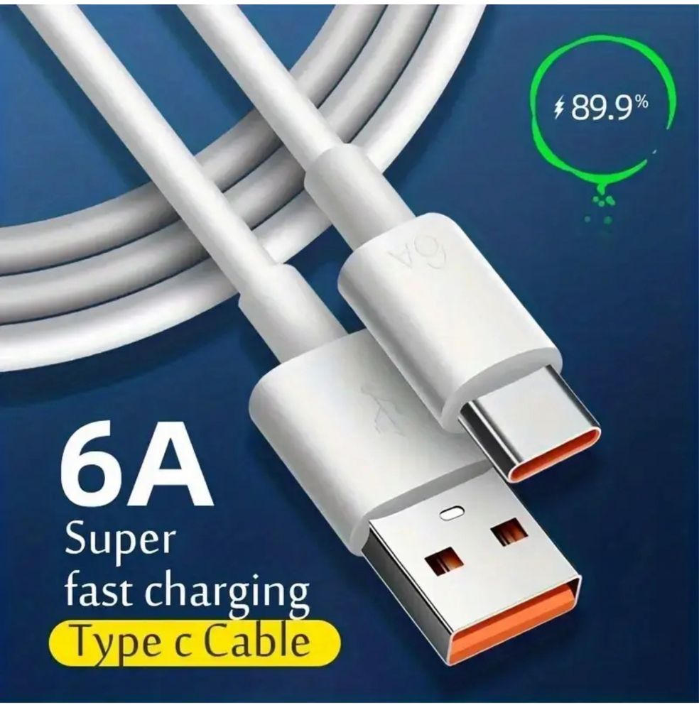 5x Kabel USB-USB-C 6A super ladowanie Huawei 66W bialy 1m, wytrzymały!