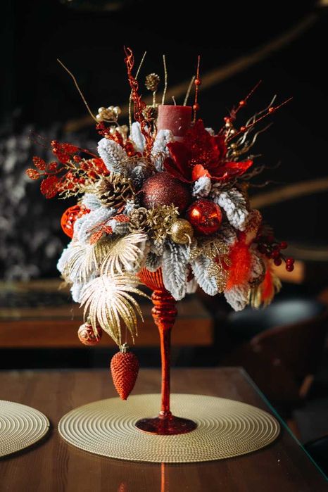 Новорічна композиція в декоративному бокалі червоного кольору