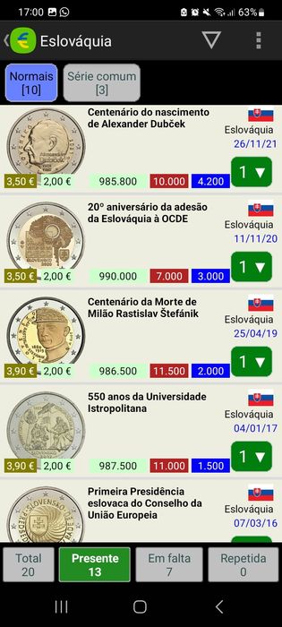 35 moedas UNC comemorativas 2 euros