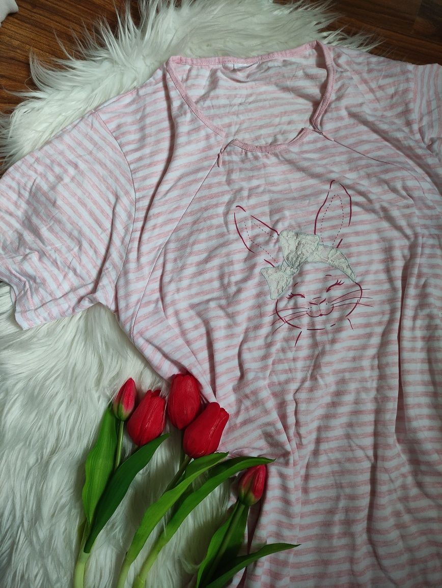Koszula nocna różowa w paski do szpitala do karmienia XL duża bawełnia