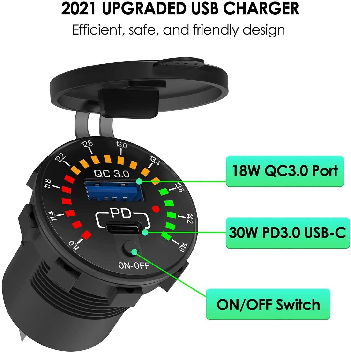 Зарядное USB QC 3.0 + PD Type-C с вольтметром в авто врезное 12-24В