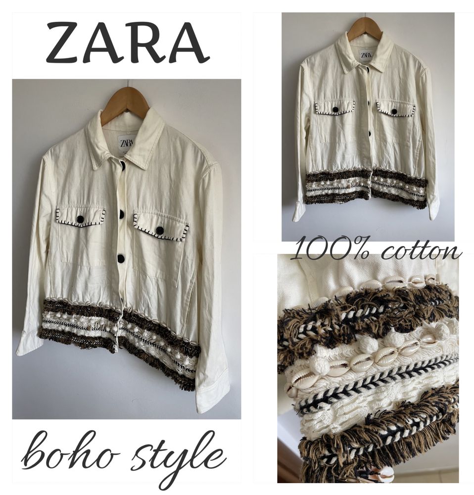 Zara L bawełniana kurtka katana koszulowa boho style etno muszelki