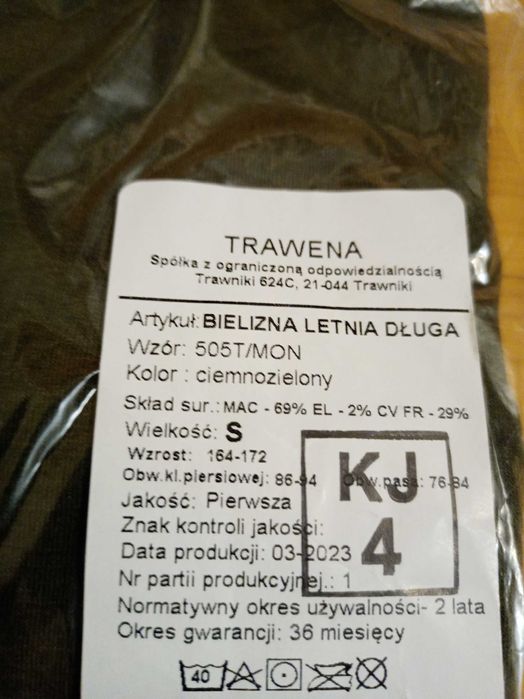 Ocieplacz Wojskowa Bielizna letnia długa 505T/MON roz. S TRUDNOPALNA